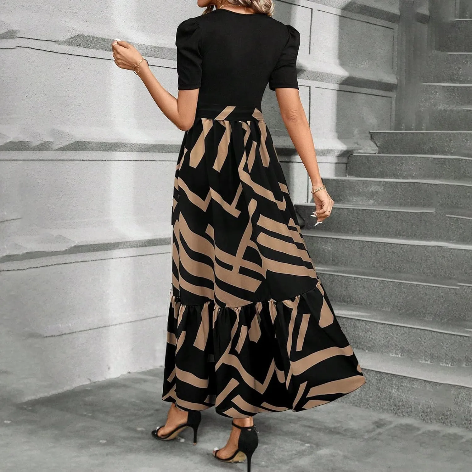 Summer Dresses for Women 2025 Floral Formal DressWrap Short Sleeve Maxi Dress Patchwork Ruffle Hem A Line Dress