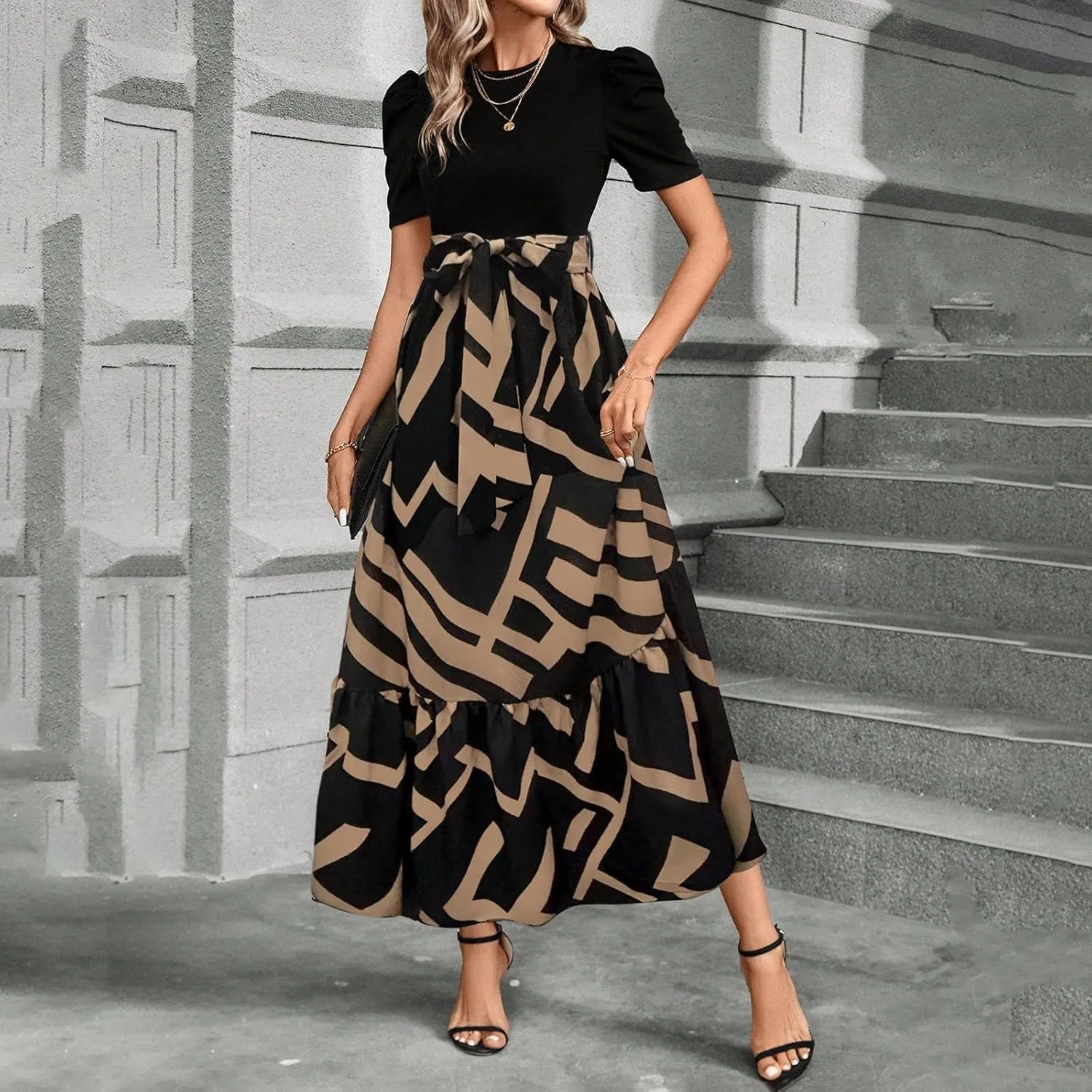Summer Dresses for Women 2025 Floral Formal DressWrap Short Sleeve Maxi Dress Patchwork Ruffle Hem A Line Dress