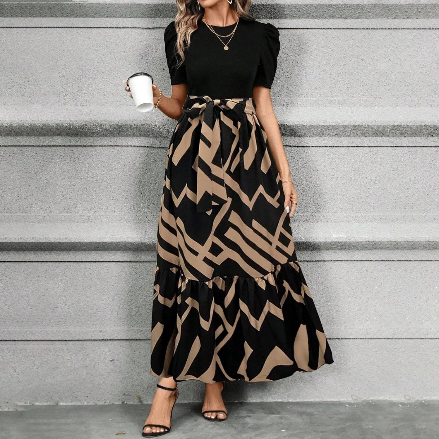 Summer Dresses for Women 2025 Floral Formal DressWrap Short Sleeve Maxi Dress Patchwork Ruffle Hem A Line Dress