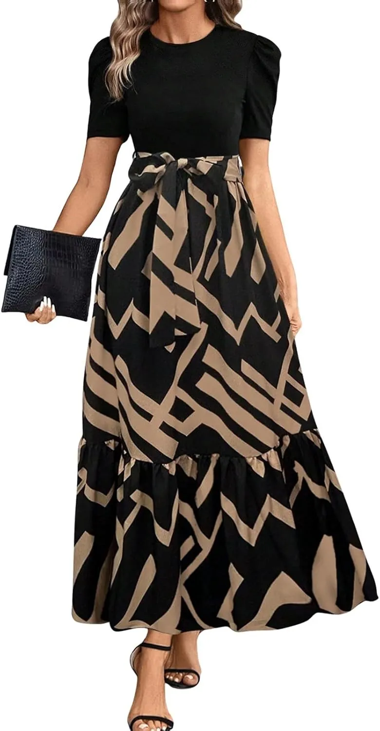Summer Dresses for Women 2025 Floral Formal DressWrap Short Sleeve Maxi Dress Patchwork Ruffle Hem A Line Dress