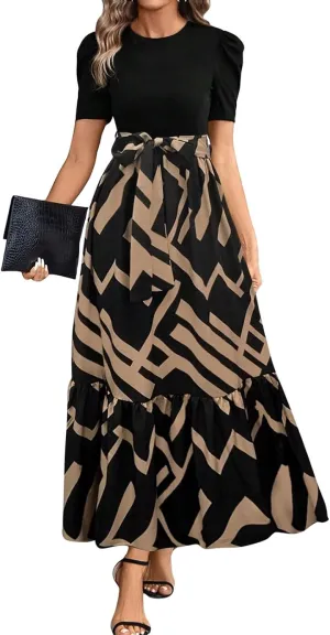 Summer Dresses for Women 2025 Floral Formal DressWrap Short Sleeve Maxi Dress Patchwork Ruffle Hem A Line Dress