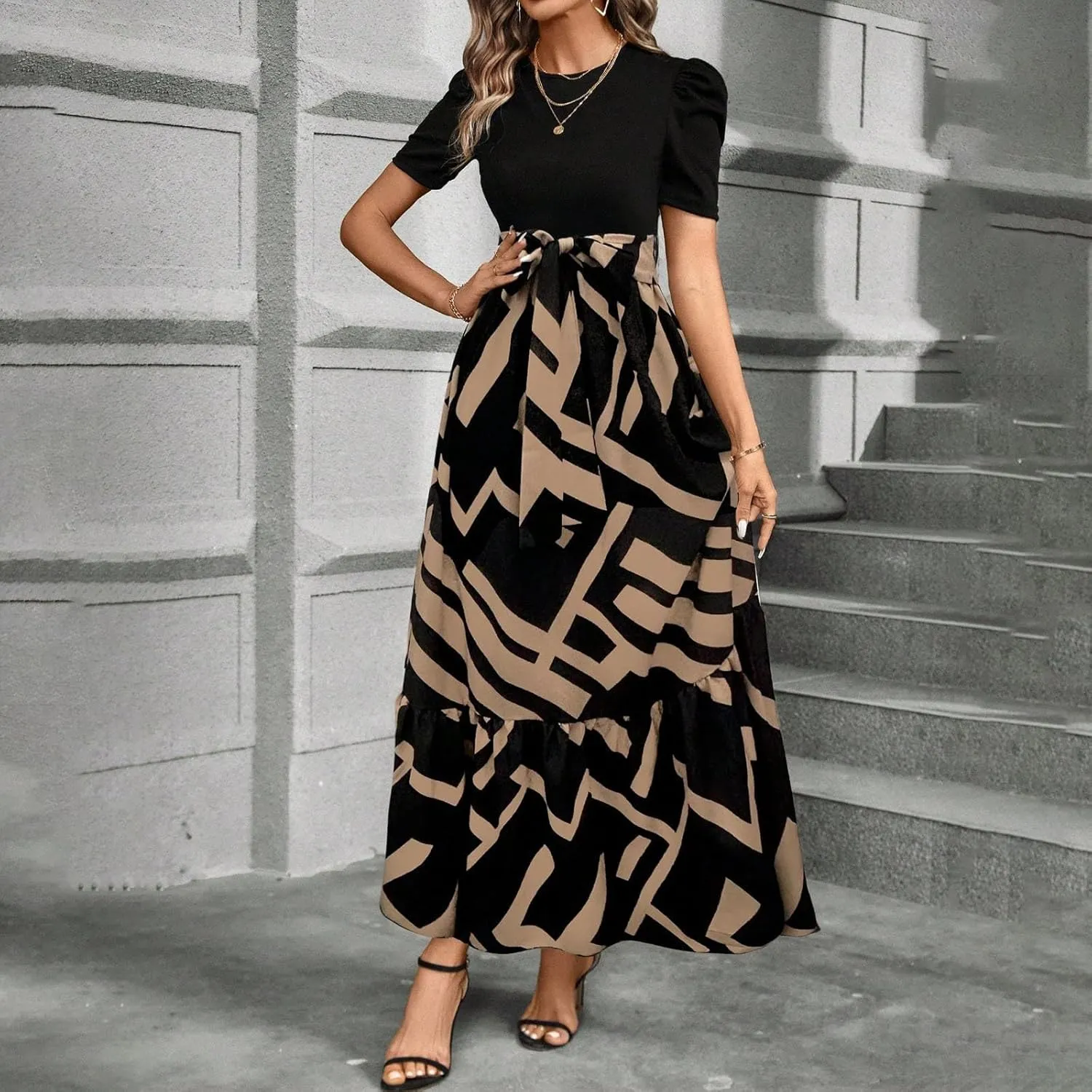 Summer Dresses for Women 2025 Floral Formal DressWrap Short Sleeve Maxi Dress Patchwork Ruffle Hem A Line Dress