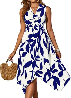 Summer Dresses for Women 2025 Floral Handkerchief Hem Midi Dresses Casual Flowy V Neck Tshirt Dress A Line Tank Dress