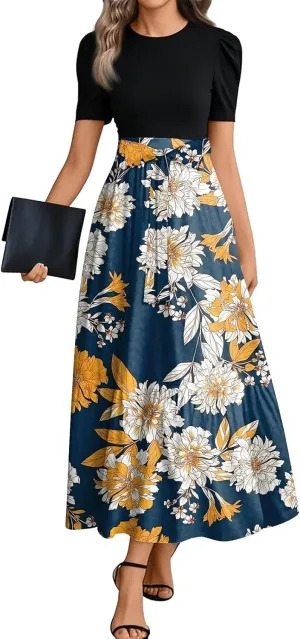 Summer Dresses for Women 2025 Floral Print Wrap Short Sleeve Maxi Dress Elegant Patchwork Ruffle Hem A Line Dress