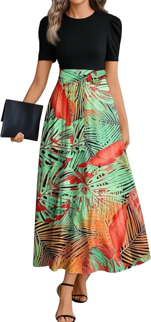 Summer Dresses for Women 2025 Floral Print Wrap Short Sleeve Maxi Dress Elegant Patchwork Ruffle Hem A Line Dress