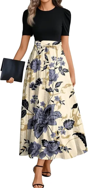 Summer Dresses for Women 2025 Floral Print Wrap Short Sleeve Maxi Dress Elegant Patchwork Ruffle Hem A Line Dress