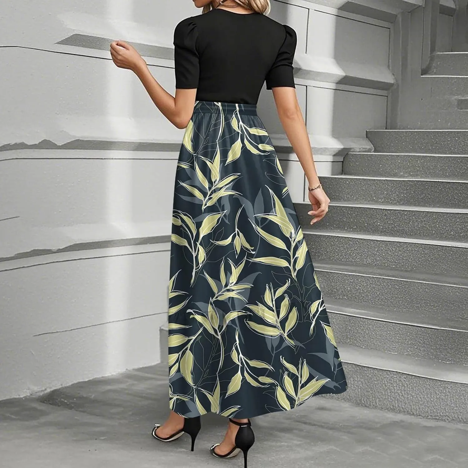 Summer Dresses for Women 2025 Floral Print Wrap Short Sleeve Maxi Dress Elegant Patchwork Ruffle Hem A Line Dress