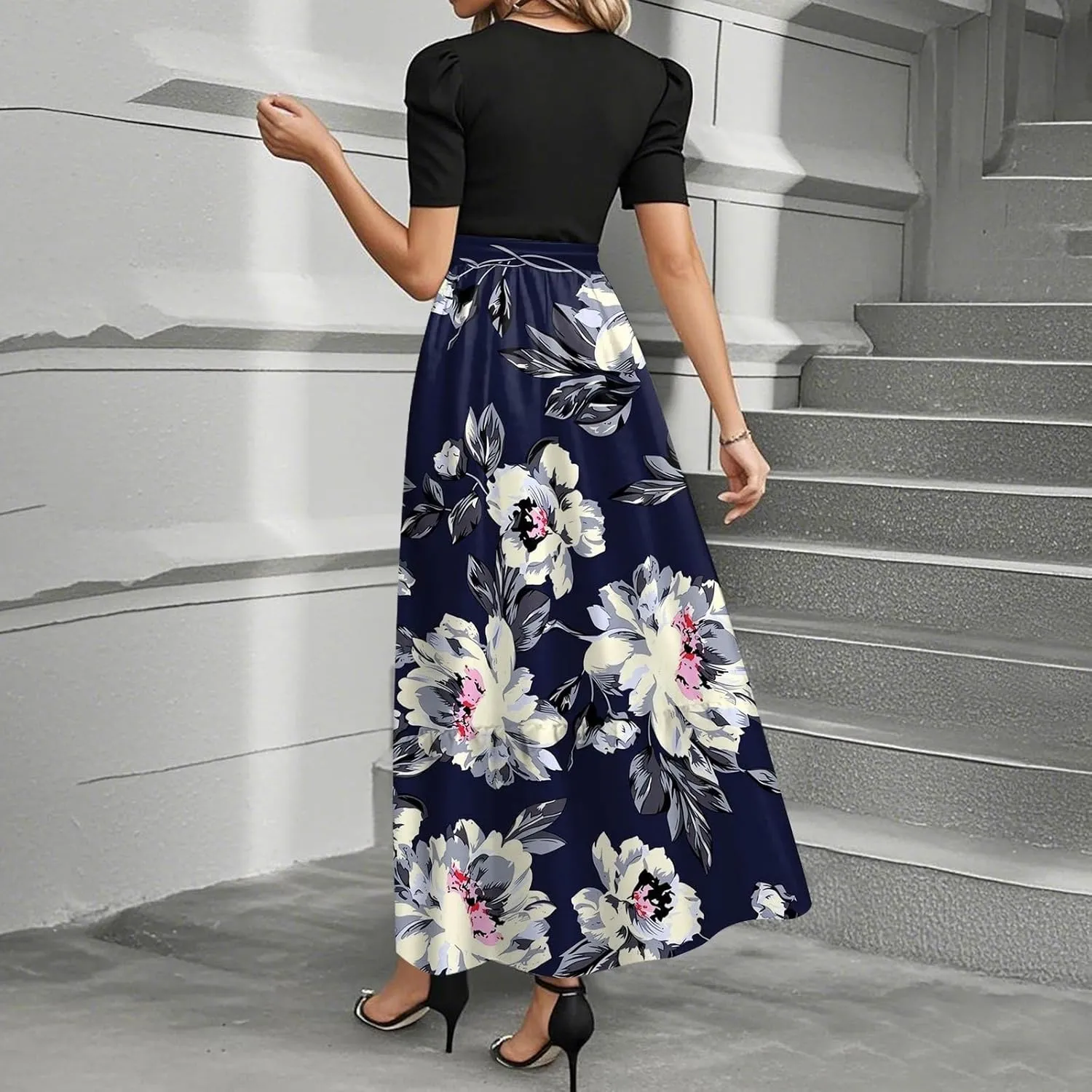 Summer Dresses for Women 2025 Floral Print Wrap Short Sleeve Maxi Dress Elegant Patchwork Ruffle Hem A Line Dress