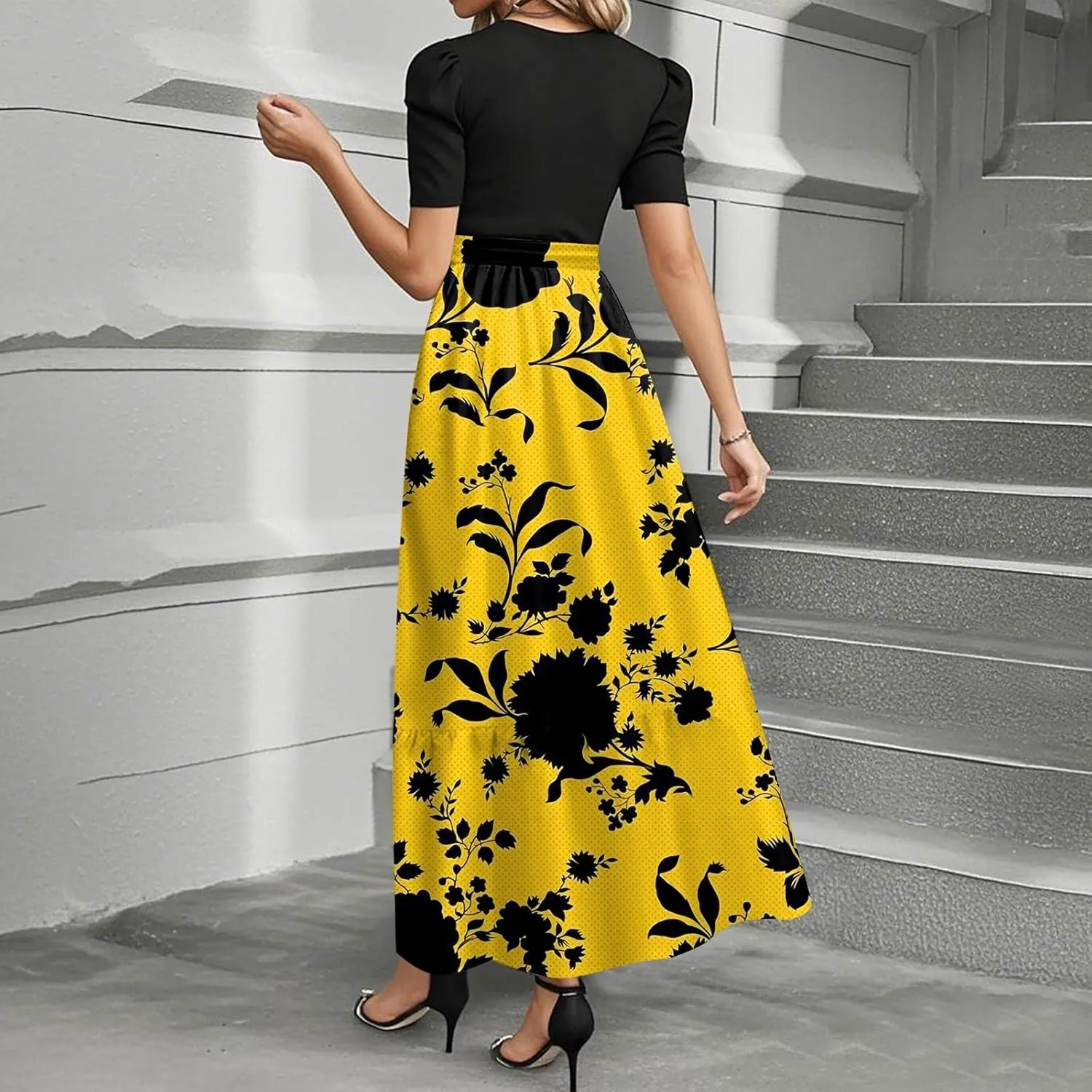 Summer Dresses for Women 2025 Floral Print Wrap Short Sleeve Maxi Dress Elegant Patchwork Ruffle Hem A Line Dress