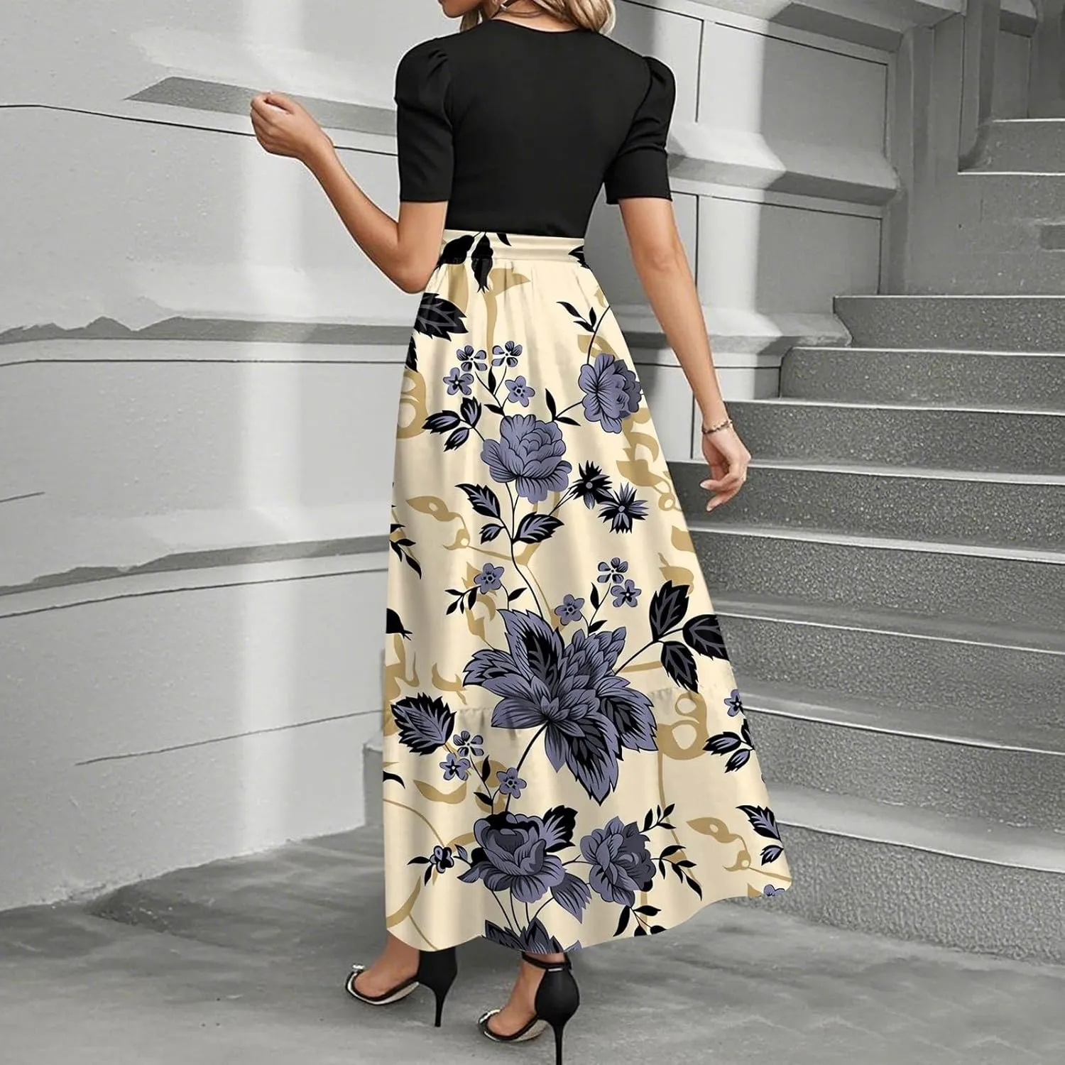 Summer Dresses for Women 2025 Floral Print Wrap Short Sleeve Maxi Dress Elegant Patchwork Ruffle Hem A Line Dress