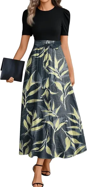 Summer Dresses for Women 2025 Floral Print Wrap Short Sleeve Maxi Dress Elegant Patchwork Ruffle Hem A Line Dress