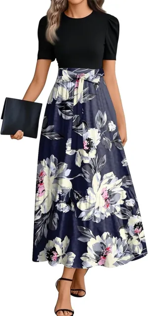 Summer Dresses for Women 2025 Floral Print Wrap Short Sleeve Maxi Dress Elegant Patchwork Ruffle Hem A Line Dress
