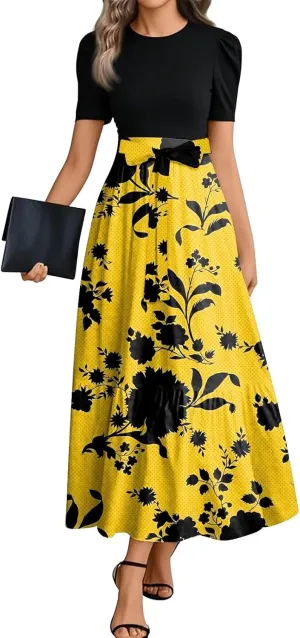 Summer Dresses for Women 2025 Floral Print Wrap Short Sleeve Maxi Dress Elegant Patchwork Ruffle Hem A Line Dress