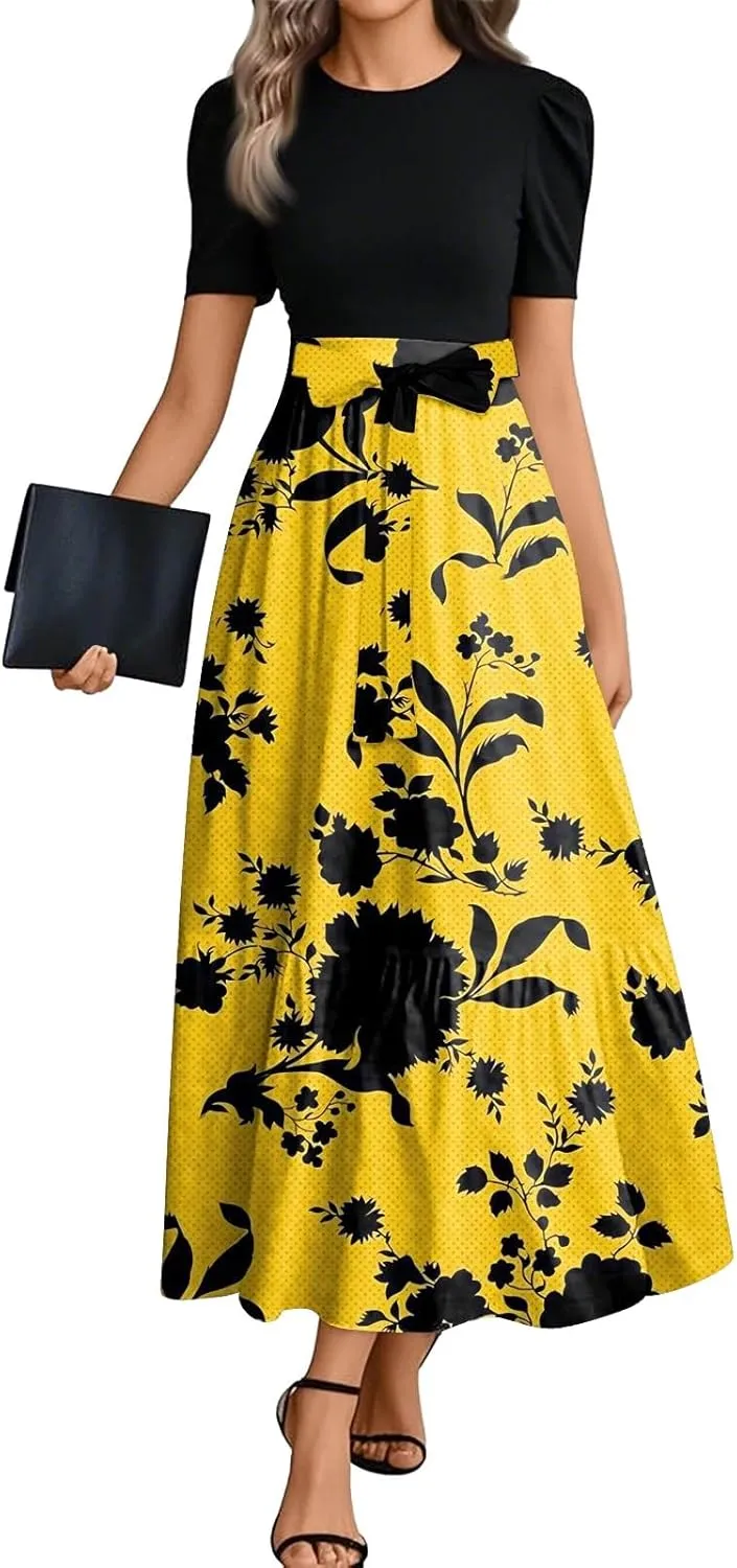 Summer Dresses for Women 2025 Floral Print Wrap Short Sleeve Maxi Dress Elegant Patchwork Ruffle Hem A Line Dress