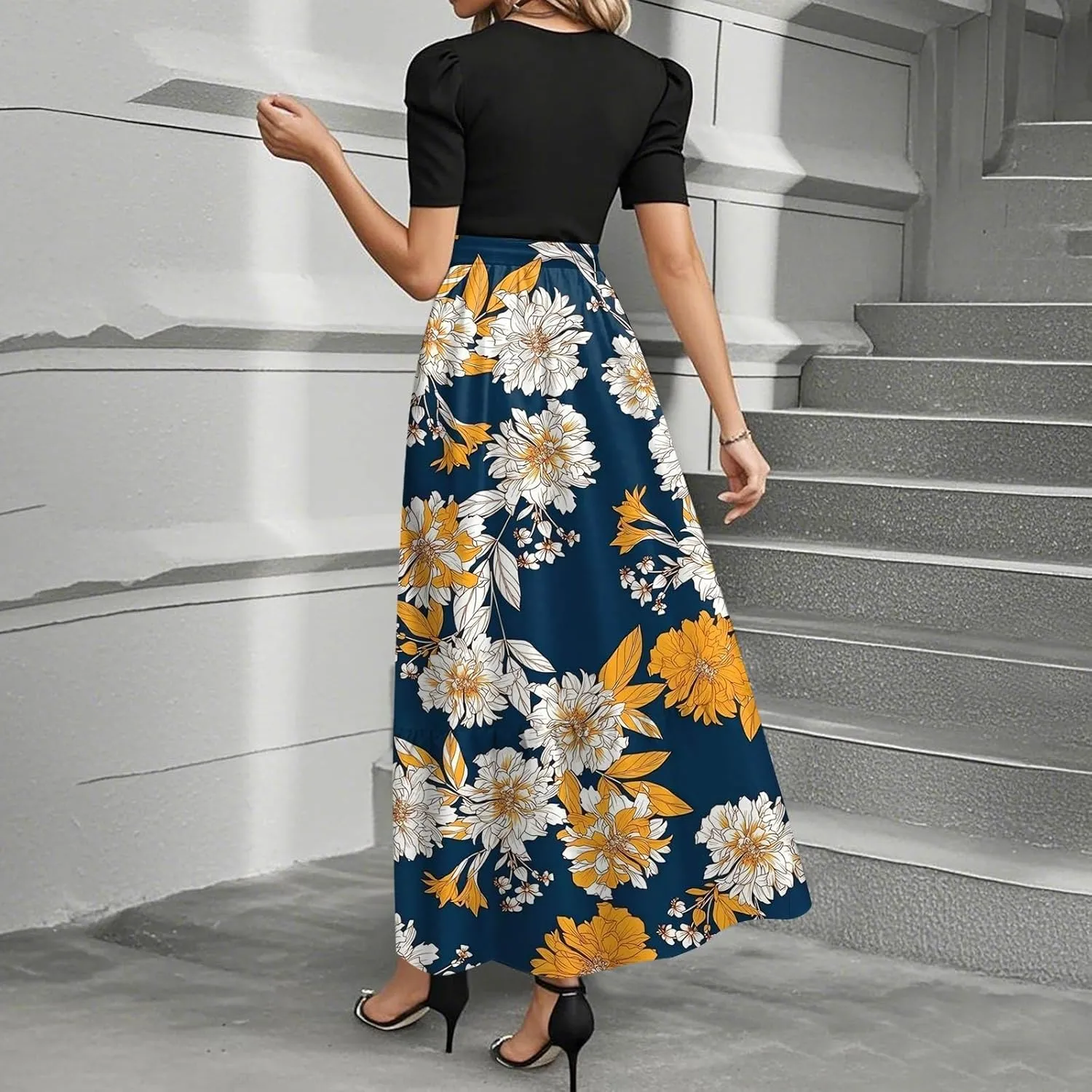 Summer Dresses for Women 2025 Floral Print Wrap Short Sleeve Maxi Dress Elegant Patchwork Ruffle Hem A Line Dress