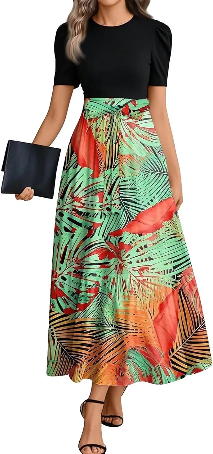 Summer Dresses for Women 2025 Floral Print Wrap Short Sleeve Maxi Dress Elegant Patchwork Ruffle Hem A Line Dress