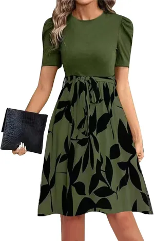 Summer Dresses for Women 2025 Floral Print Wrap Short Sleeve Midi Dress Elegant Patchwork Ruffle Hem A Line Dress
