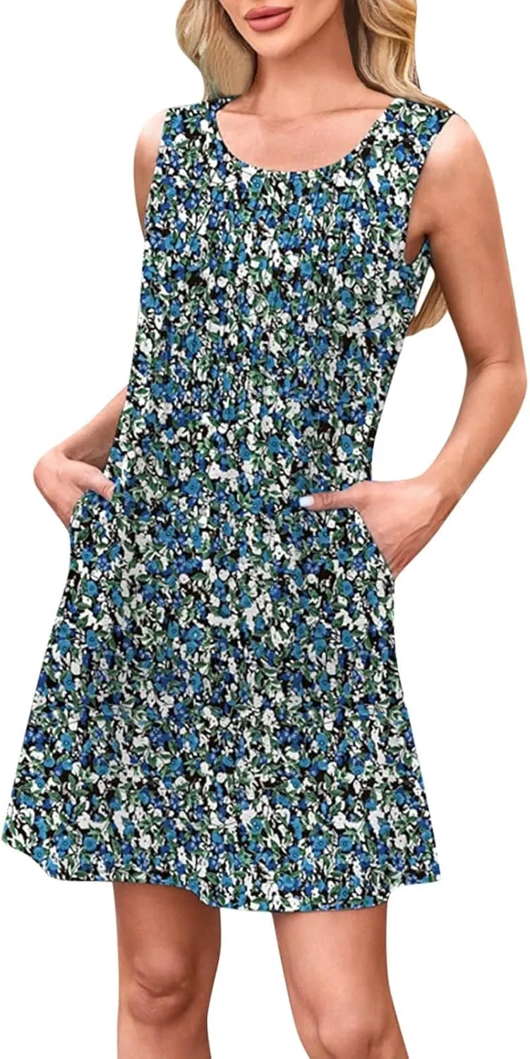 Summer Dresses for Women 2025 Loose Casual Crew Neck Sleeveless Sun Dresses with Pockets Beach Vacation Clothes