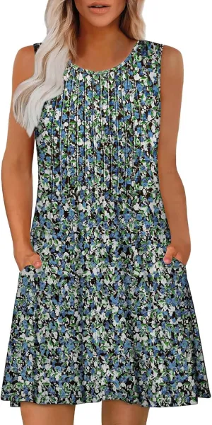 Summer Dresses for Women 2025 Loose Casual Crew Neck Sleeveless Sun Dresses with Pockets Beach Vacation Clothes