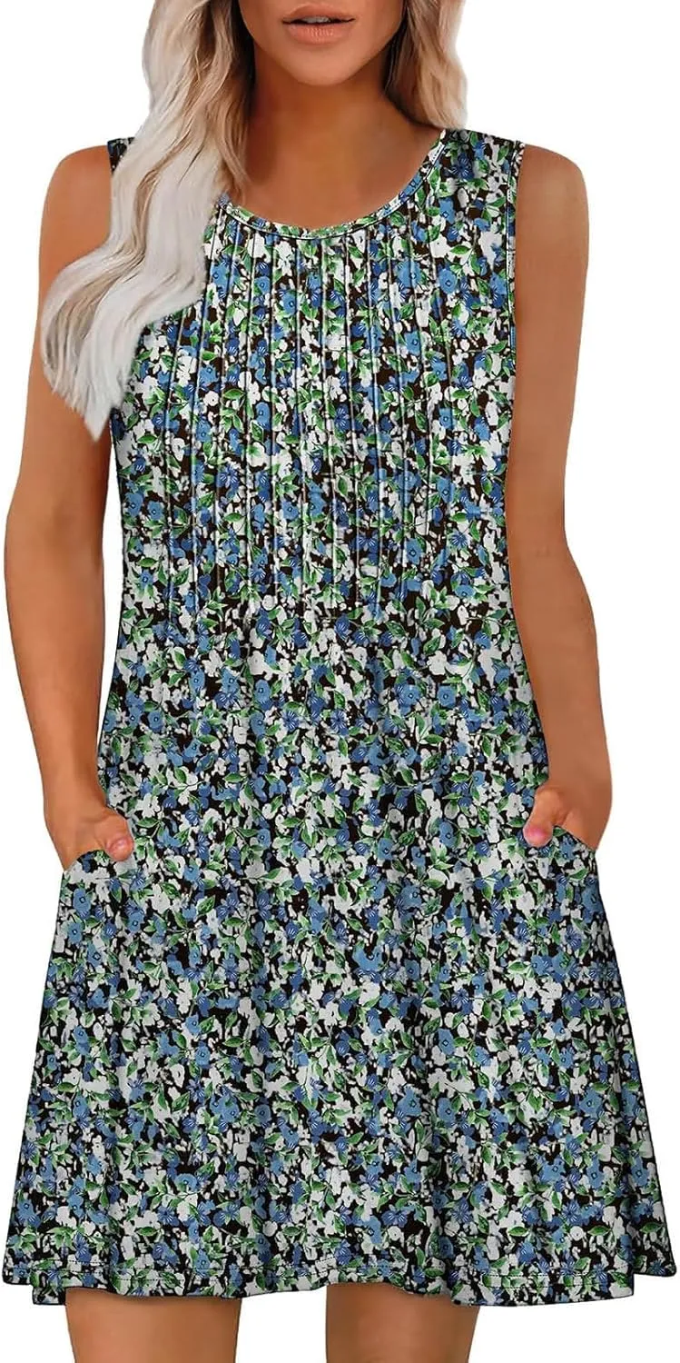 Summer Dresses for Women 2025 Loose Casual Crew Neck Sleeveless Sun Dresses with Pockets Beach Vacation Clothes