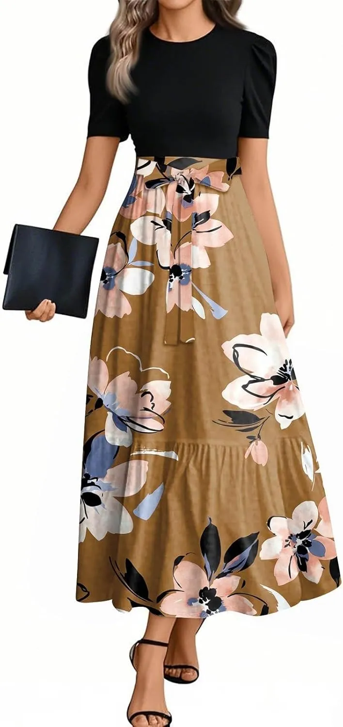 Summer Dresses for Women 2025- Maxi Boho Long Floral Print Patchwork Ruffle Dresses Fashion Short Sleeve A Line Dress