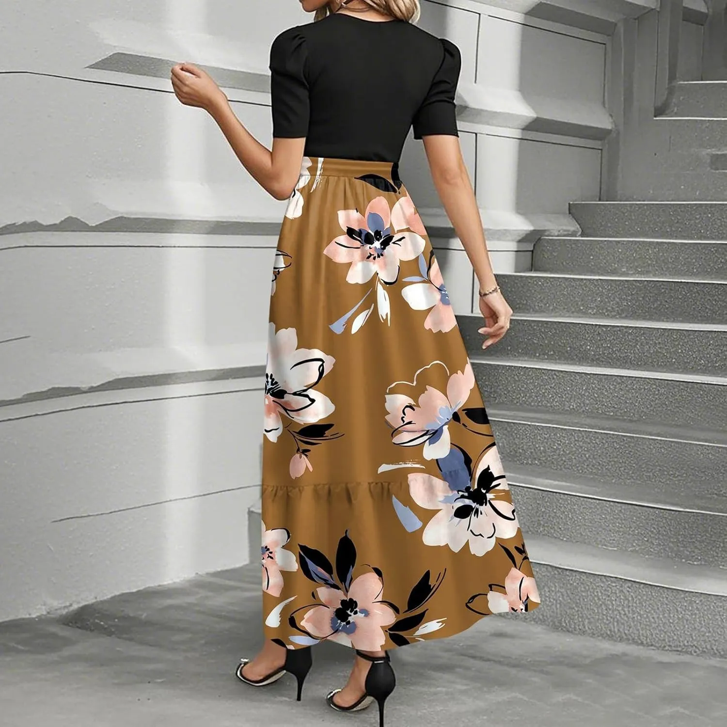 Summer Dresses for Women 2025- Maxi Boho Long Floral Print Patchwork Ruffle Dresses Fashion Short Sleeve A Line Dress