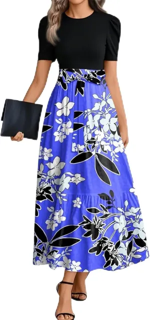 Summer Dresses for Women 2025- Maxi Boho Long Floral Print Patchwork Ruffle Dresses Fashion Short Sleeve A Line Dress