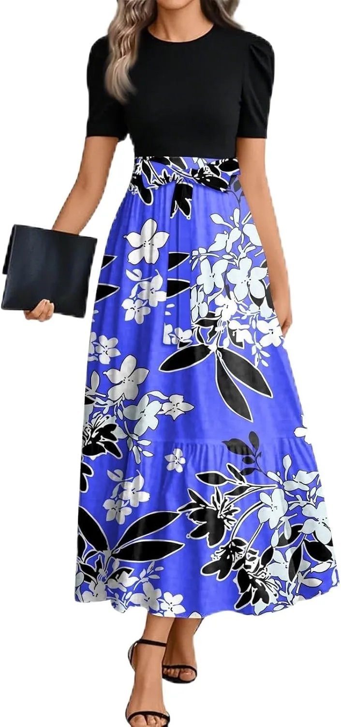 Summer Dresses for Women 2025- Maxi Boho Long Floral Print Patchwork Ruffle Dresses Fashion Short Sleeve A Line Dress