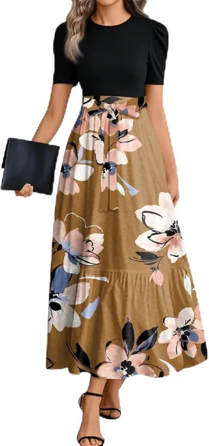 Summer Dresses for Women 2025- Maxi Boho Long Floral Print Patchwork Ruffle Dresses Fashion Short Sleeve A Line Dress