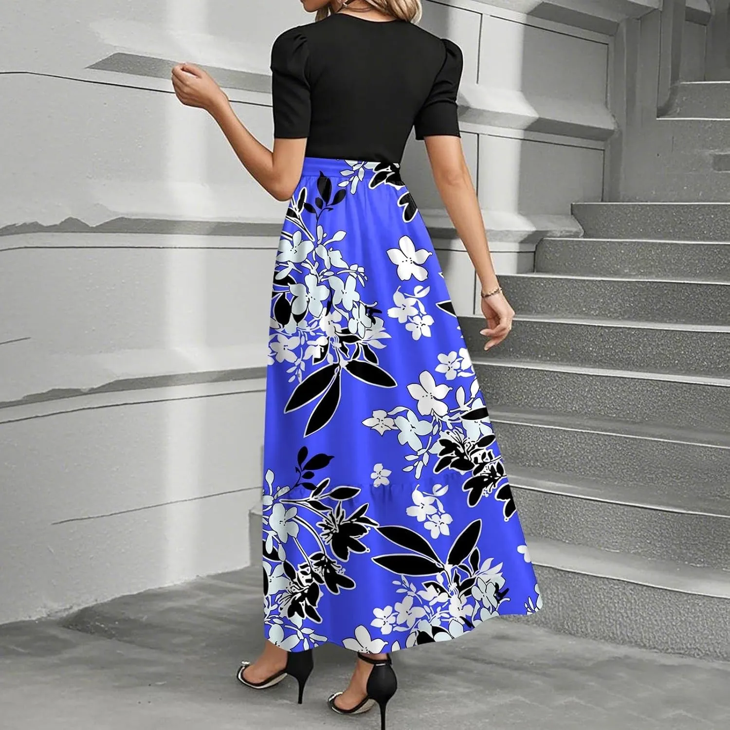 Summer Dresses for Women 2025- Maxi Boho Long Floral Print Patchwork Ruffle Dresses Fashion Short Sleeve A Line Dress