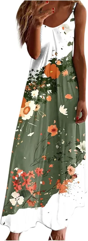 Summer Dresses for Women Beach Vacation Maxi Dress Spaghetti Strap Floral Printed Sundress Boho Casual Clothes 2025