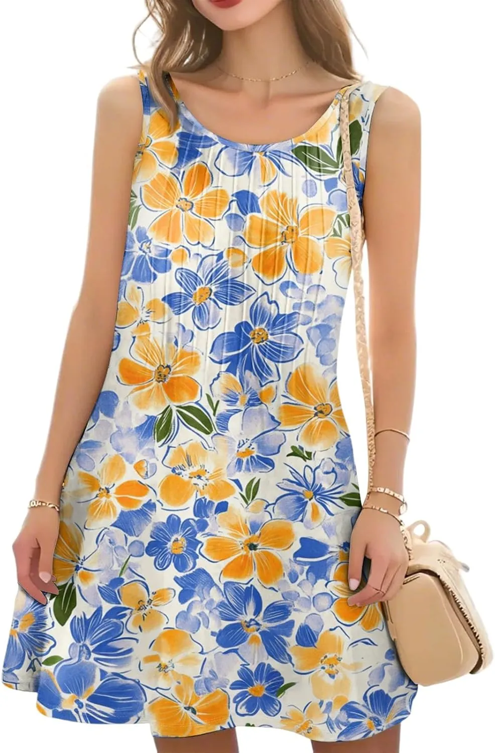 Summer Dresses for Women Casual Sundress Floral Printed Pleated Mini Dress with Pocket Beach Cover Up Swimsuit