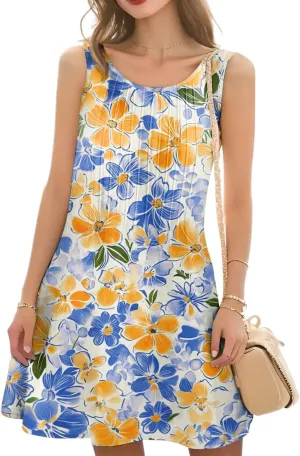 Summer Dresses for Women Casual Sundress Floral Printed Pleated Mini Dress with Pocket Beach Cover Up Swimsuit