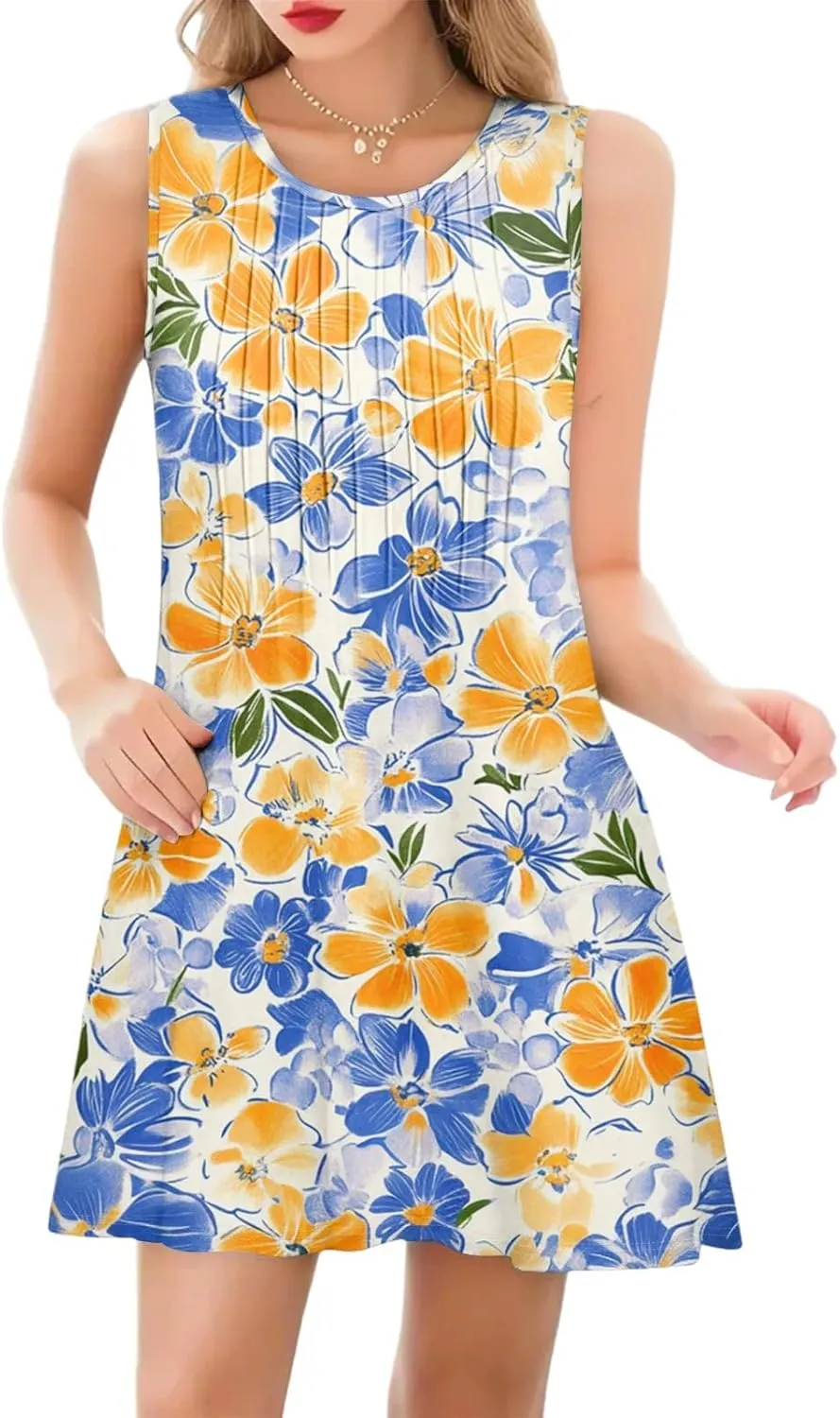 Summer Dresses for Women Casual Sundress Floral Printed Pleated Mini Dress with Pocket Beach Cover Up Swimsuit