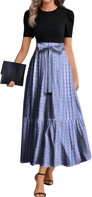Summer Dresses for Women Elegant High Waist Maxi Dress Flowy Casual Long Dress A-Line Floral Printrd Dress with Belt