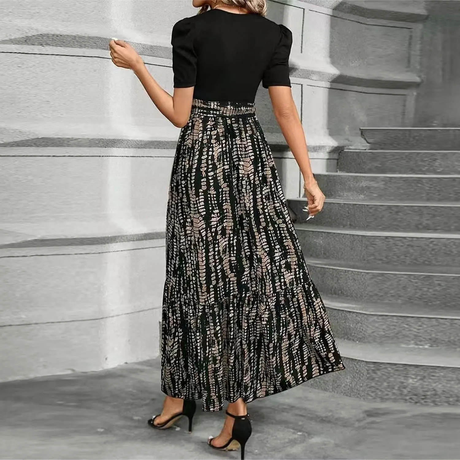Summer Dresses for Women Floral Printrd A-Line Dress with Belt Flowy High Waist Maxi Dress Casual Elegant Long Dress