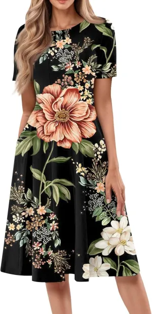 Summer Dresses for Women Flowy Casual Midi Dresses Aline Beach Tshirt Dress Floral Short Sleeve Dress with Pockets