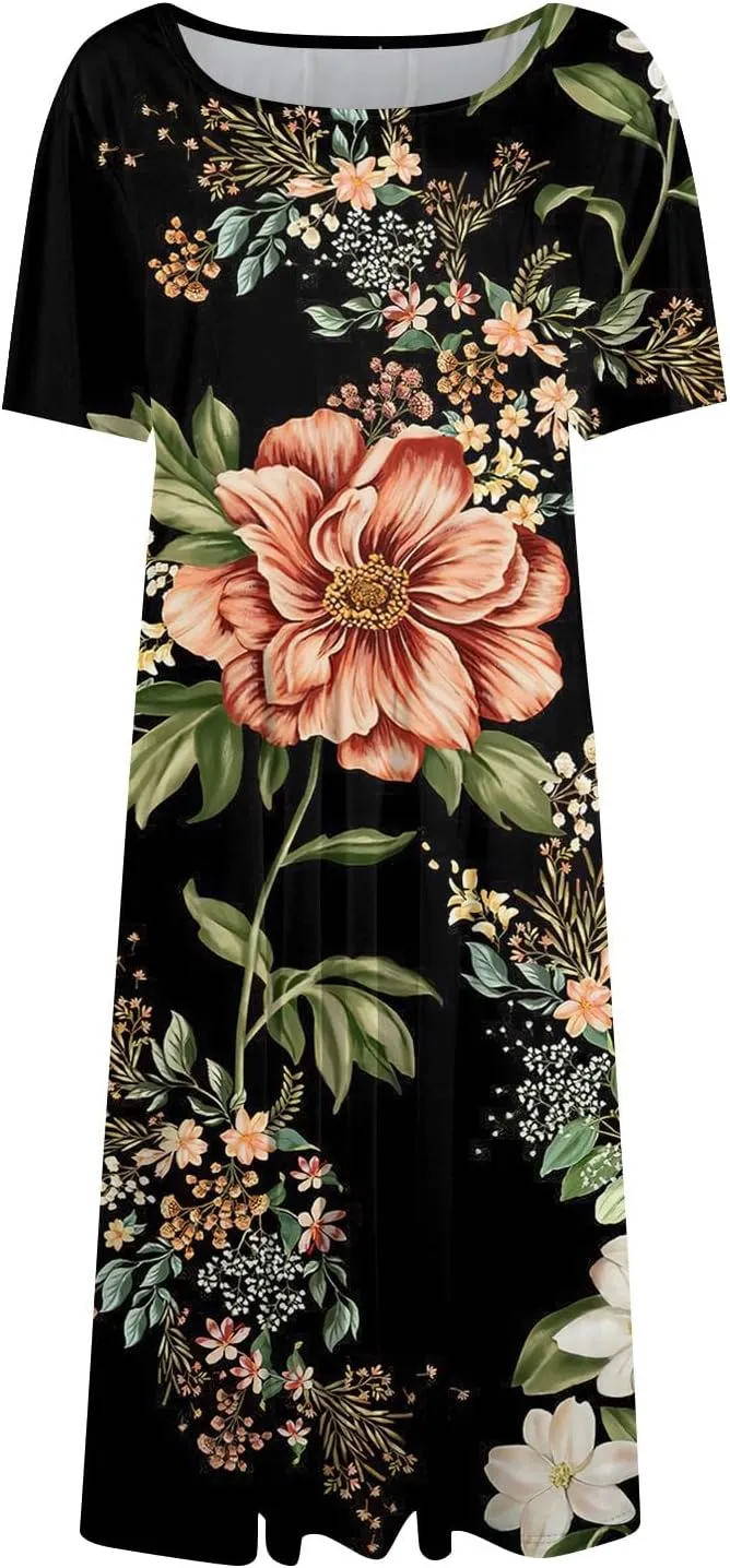 Summer Dresses for Women Flowy Casual Midi Dresses Aline Beach Tshirt Dress Floral Short Sleeve Dress with Pockets