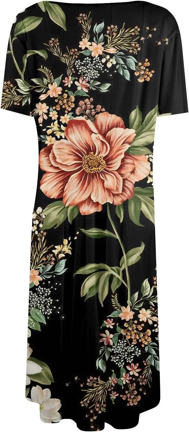 Summer Dresses for Women Flowy Casual Midi Dresses Aline Beach Tshirt Dress Floral Short Sleeve Dress with Pockets
