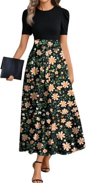 Summer Dresses for Women Patchwork Short Sleeve Round Neck Polka Dot Print Splicing Elegant Wedding Guest with Belt