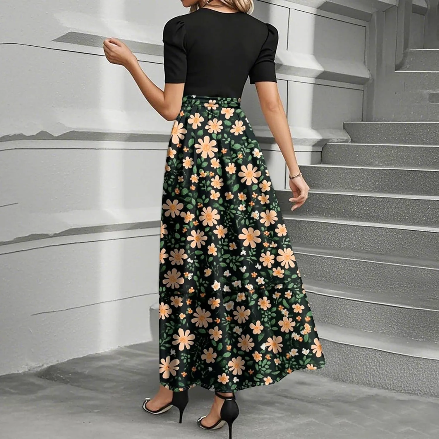 Summer Dresses for Women Patchwork Short Sleeve Round Neck Polka Dot Print Splicing Elegant Wedding Guest with Belt