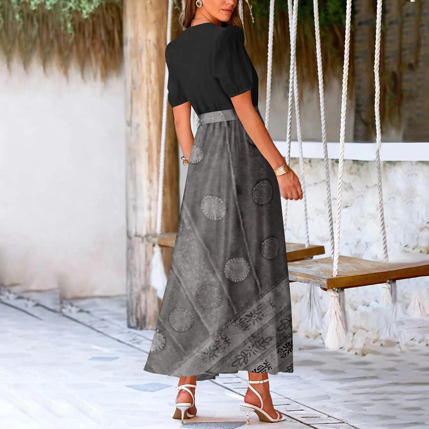 Summer Dresses for Women Short Sleeve Flowy Dress V Neck Elegant Maxi Dress with Belt Split Long Dresses