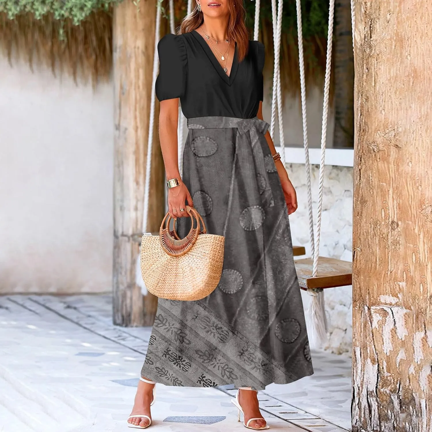 Summer Dresses for Women Short Sleeve Flowy Dress V Neck Elegant Maxi Dress with Belt Split Long Dresses