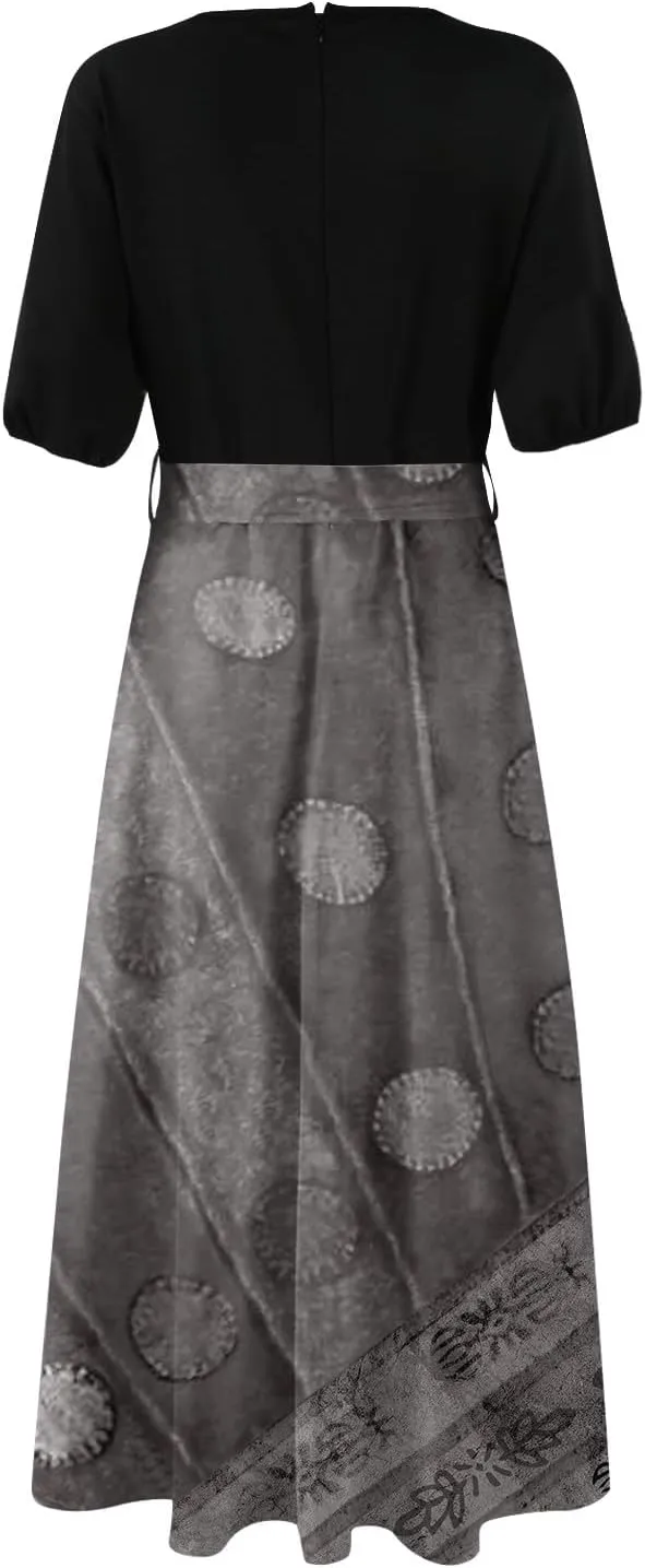 Summer Dresses for Women Short Sleeve Flowy Dress V Neck Elegant Maxi Dress with Belt Split Long Dresses