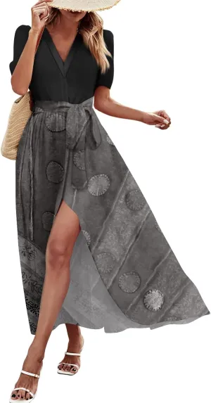 Summer Dresses for Women Short Sleeve Flowy Dress V Neck Elegant Maxi Dress with Belt Split Long Dresses