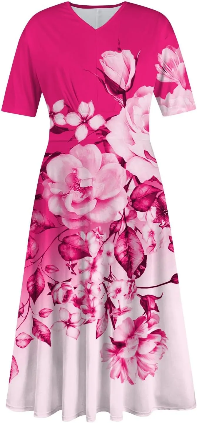 Summer Dresses for Women Summer Beach V Neck Short Sleeve Dress Solid Color Aline Tshirt Dress Casual Flowy Midi Dresses