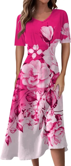 Summer Dresses for Women Summer Beach V Neck Short Sleeve Dress Solid Color Aline Tshirt Dress Casual Flowy Midi Dresses
