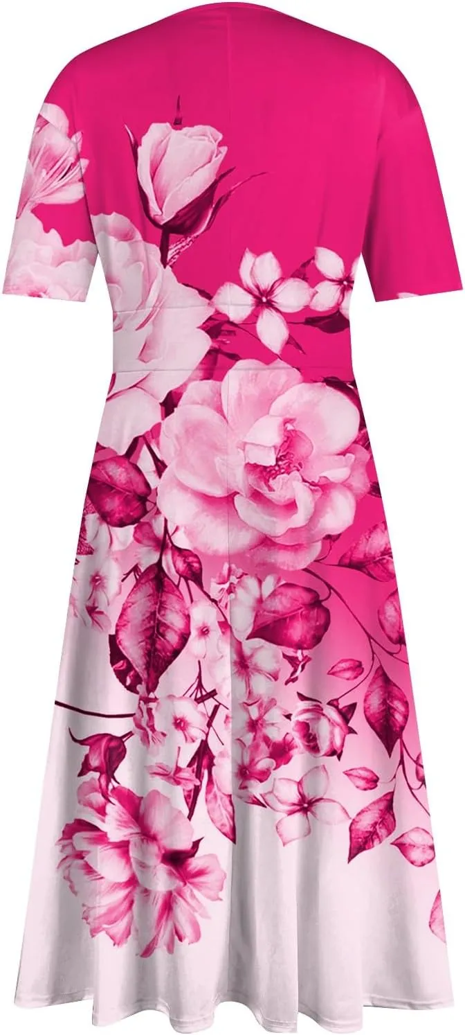 Summer Dresses for Women Summer Beach V Neck Short Sleeve Dress Solid Color Aline Tshirt Dress Casual Flowy Midi Dresses