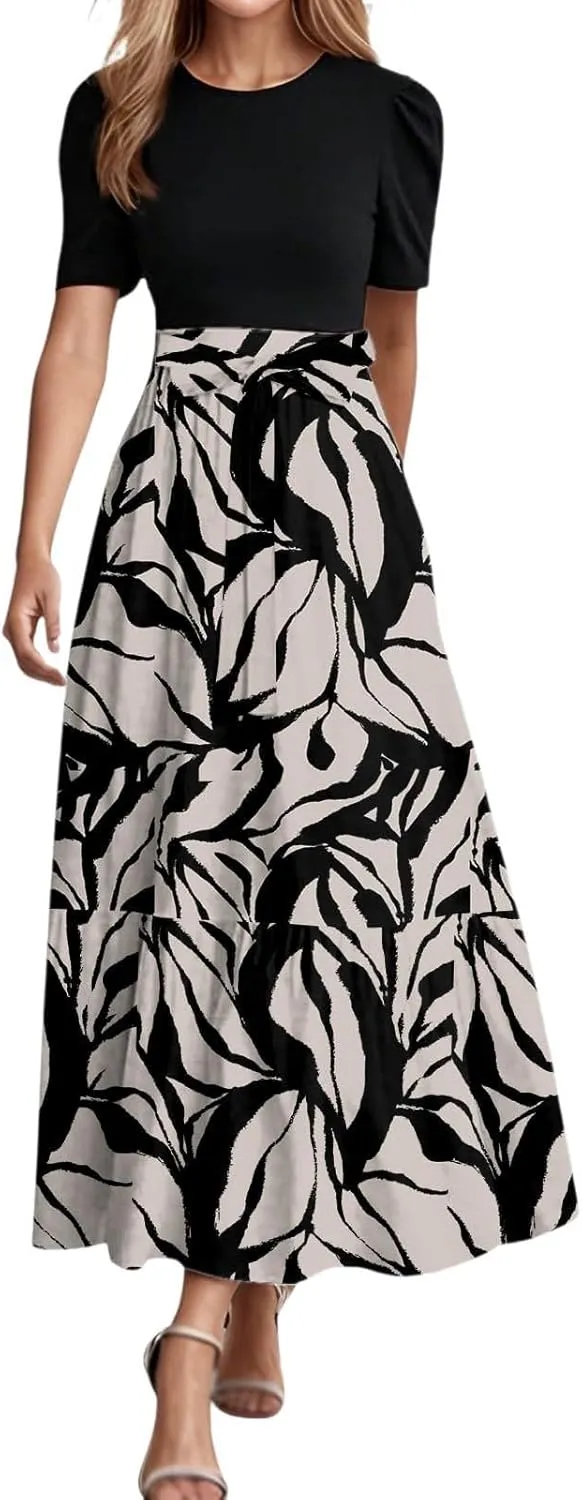 Summer Dresses for Women Tie Belted Patchwork Ruffle Hem a Line Boho Maxi Dress Crewneck Short Sleeve Flowy Long Dress