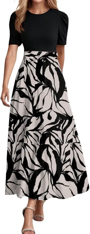 Summer Dresses for Women Tie Belted Patchwork Ruffle Hem a Line Boho Maxi Dress Crewneck Short Sleeve Flowy Long Dress